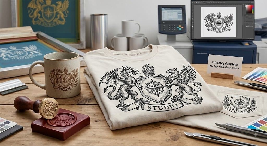 Custom family crest printed on a T-shirt, coffee mug, wax seal, and merchandise labels