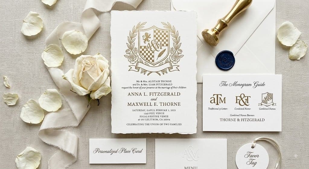 Elegant wedding invitation suite with a custom couple crest, monogram, and wax seal