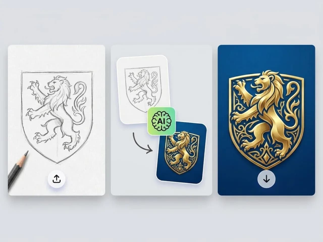 A rough lion crest sketch transformed into a polished blue and gold heraldic emblem