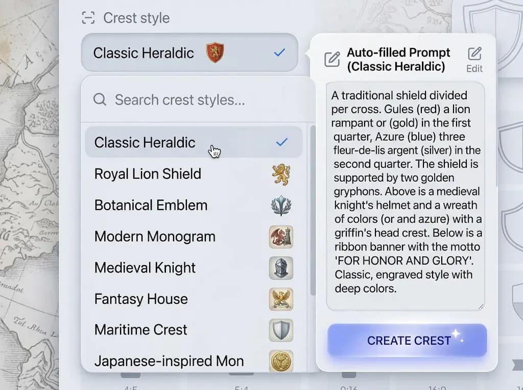 Family crest style preset menu beside an automatically filled heraldic prompt