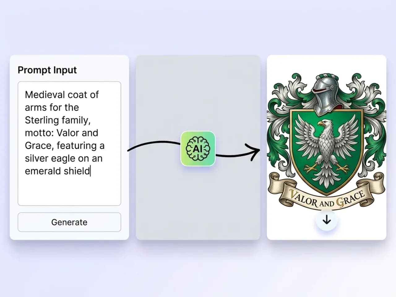 A surname and motto prompt transformed into a detailed green and silver coat of arms