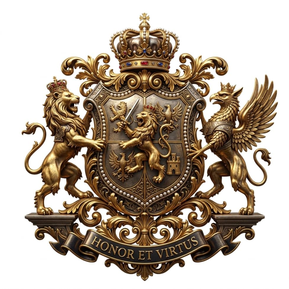 Cinematic 3D metallic family crest with dramatic lighting and rich gold details