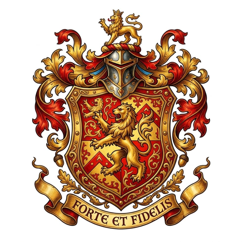 Classic medieval family crest with ornate gold and red lion shield