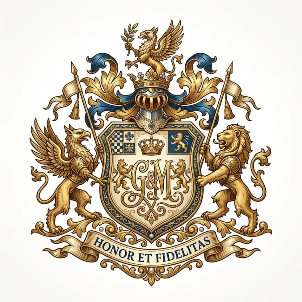 Elegant monogram family crest with ornate shield and gold symmetrical details