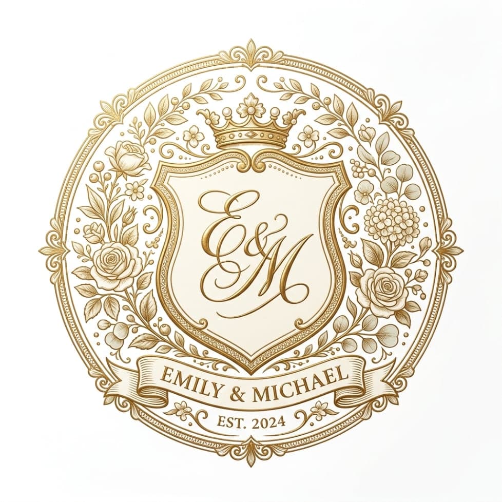 White and gold wedding family crest with intertwined initials and floral details