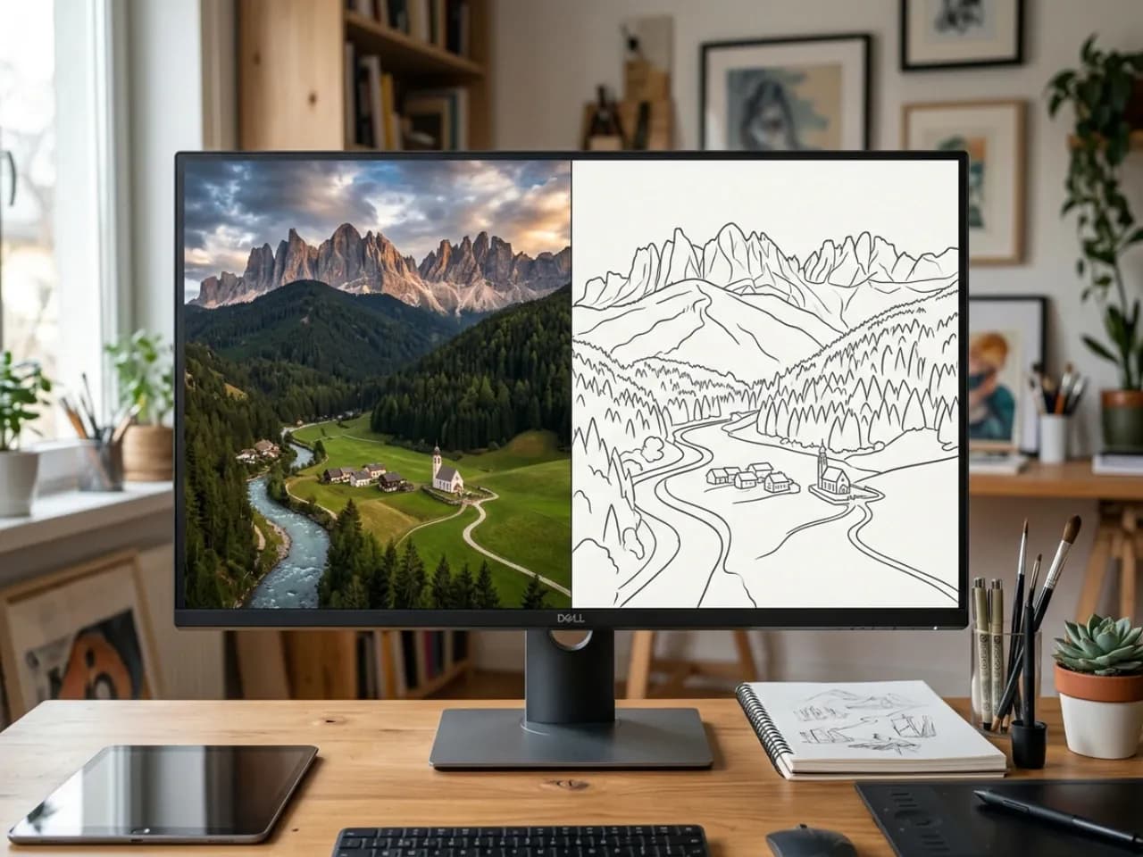 Landscape photo converted into clean line art on an artist's monitor