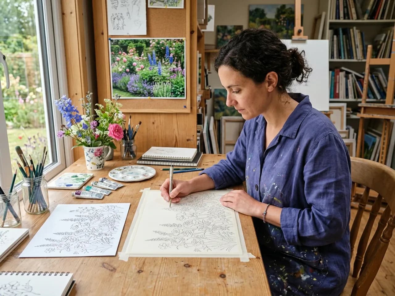 Artist using photo references to draw botanical coloring-page outlines