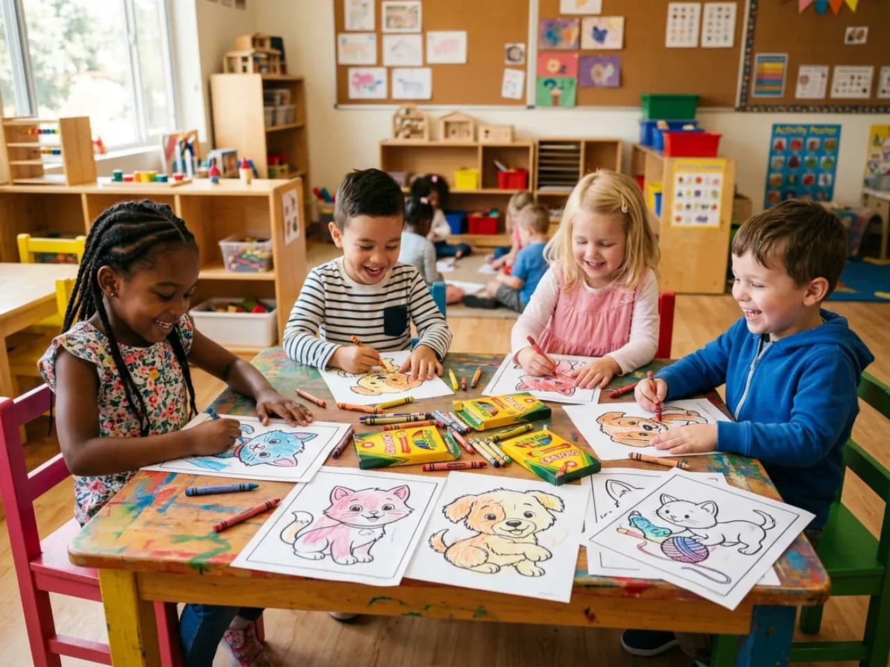 Children coloring playful animal pages during a creative classroom activity