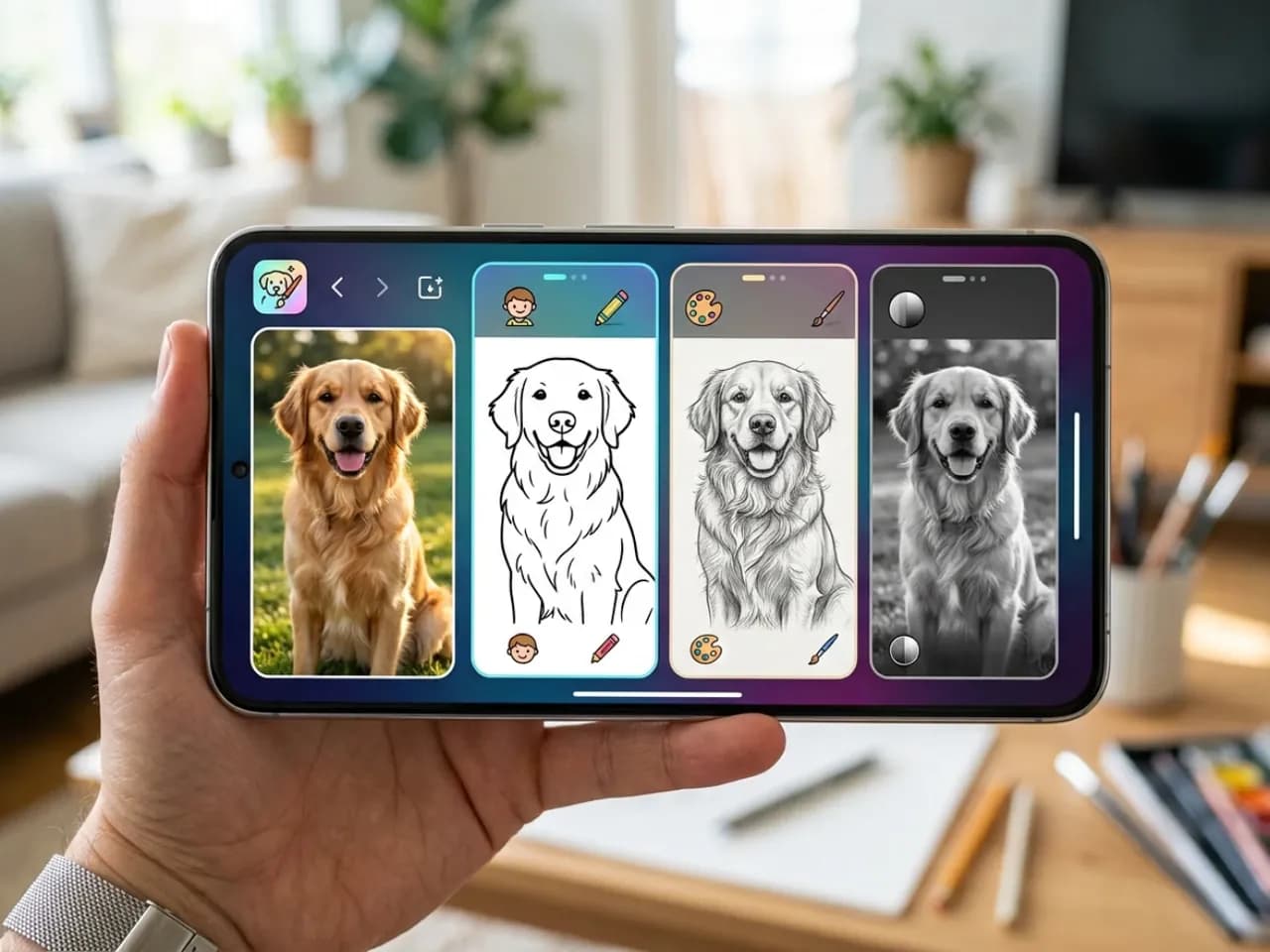 Dog photo shown alongside simple, detailed, and grayscale animal coloring styles