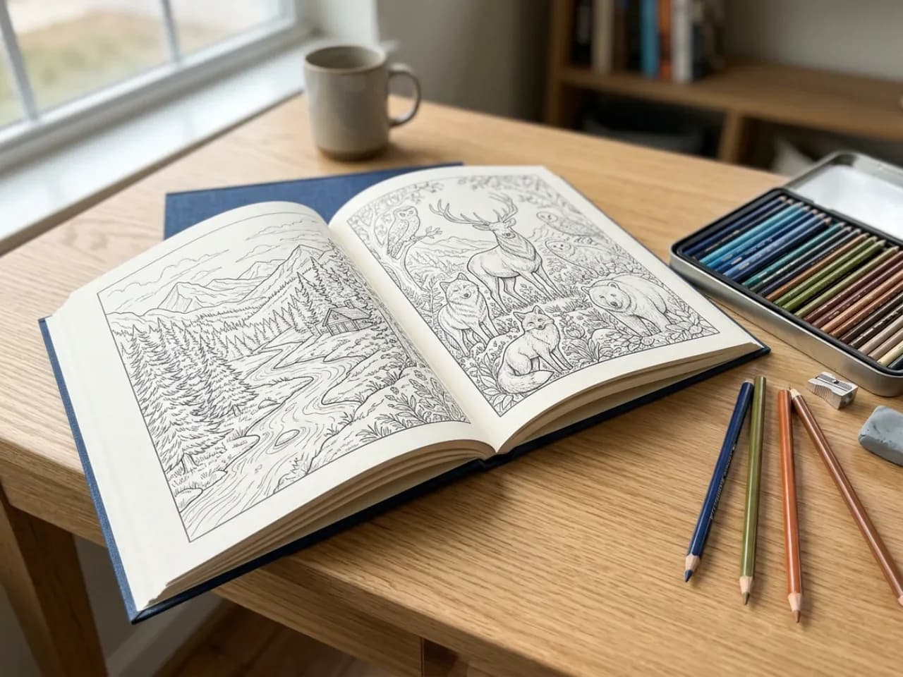 Open custom coloring book with matching wildlife and landscape pages ready to print