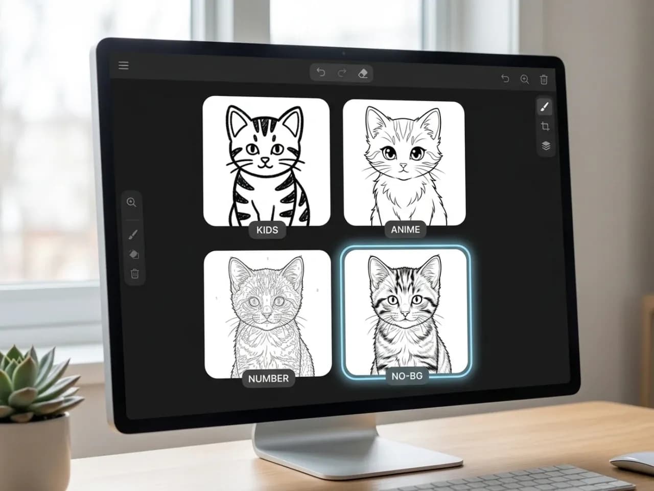 Coloring page editor showing Kids, Anime, Number, and No-BG kitten styles