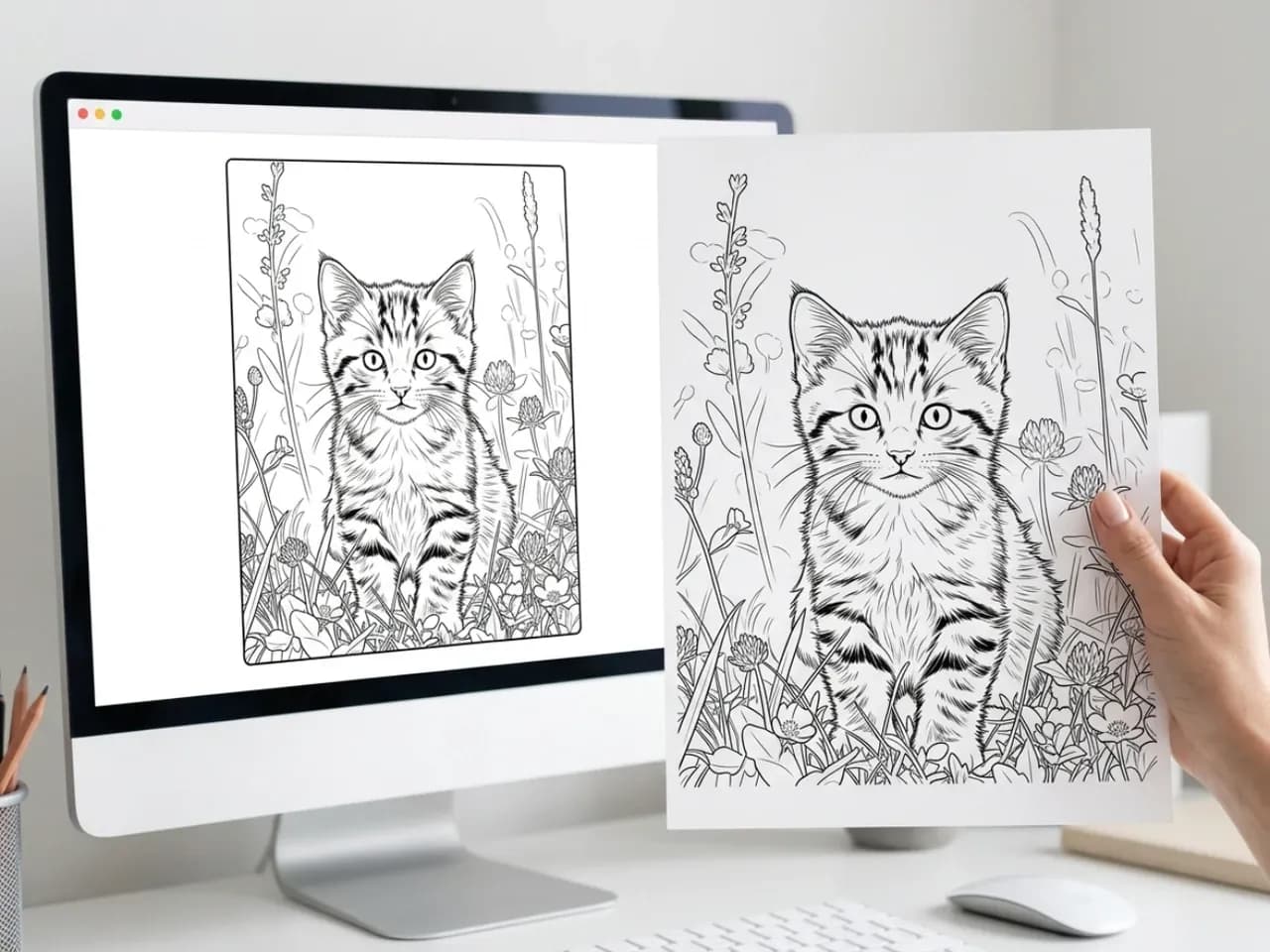 Printable kitten coloring page displayed on a monitor and held as a finished print