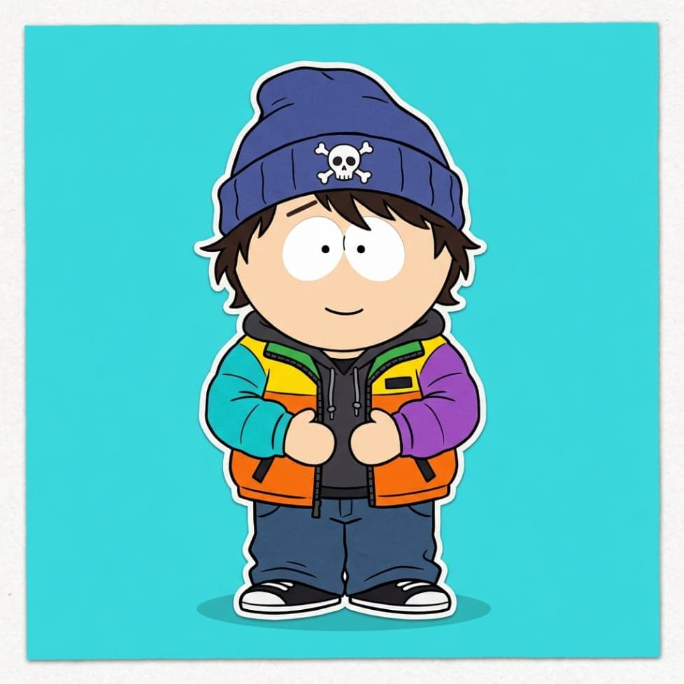 Custom South Park-inspired cartoon avatar with a colorful jacket and blue beanie for an online profile