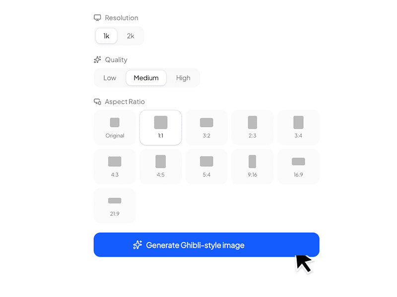 Pick resolution, quality, and aspect ratio.