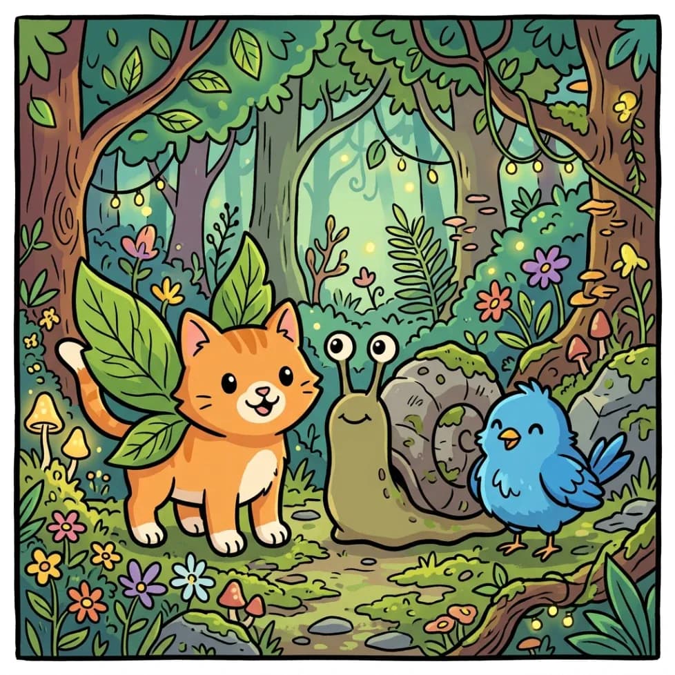 Original cat, snail, and bird Pokemon-style characters exploring an enchanted forest