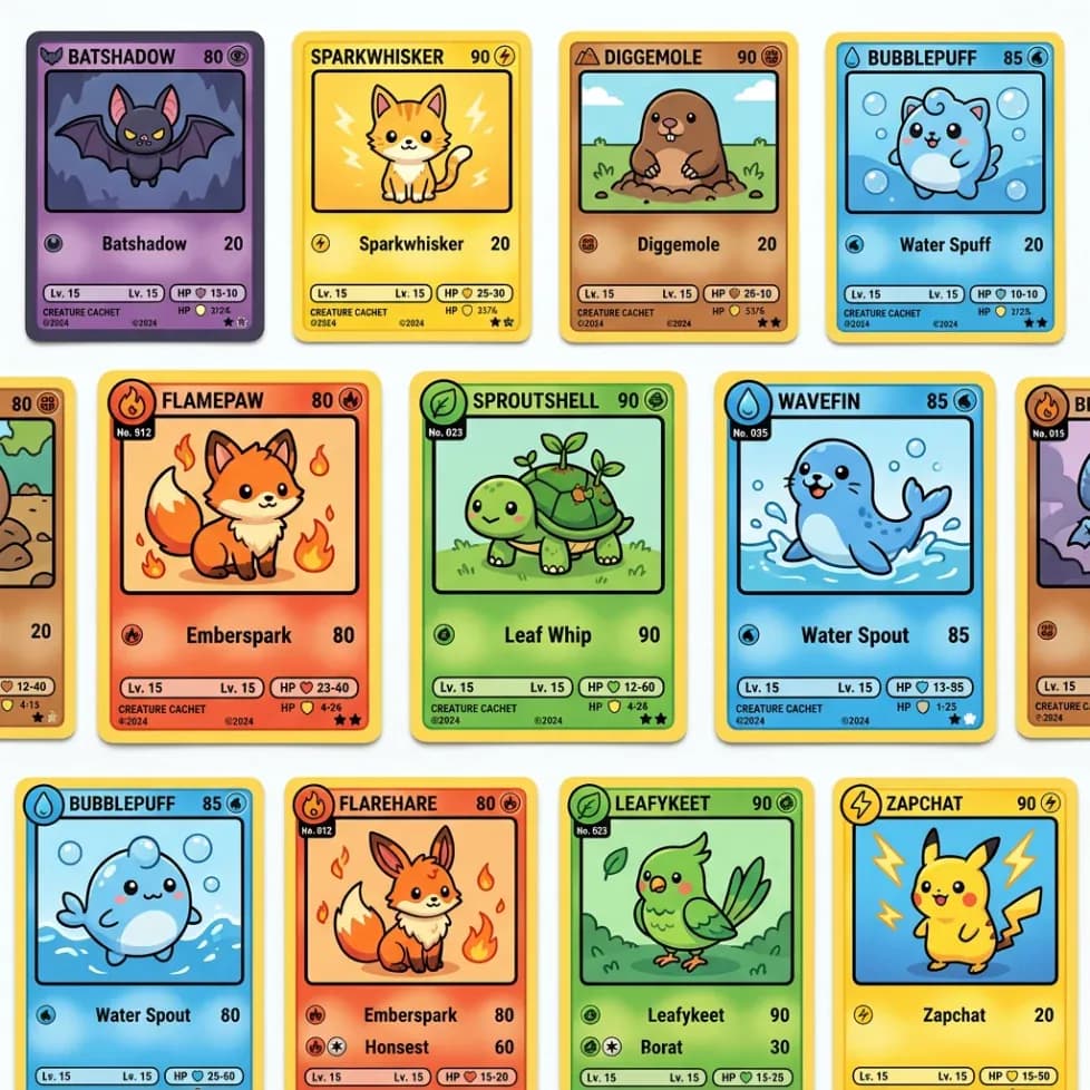 Colorful collection of original Pokemon-style creature cards arranged in rows
