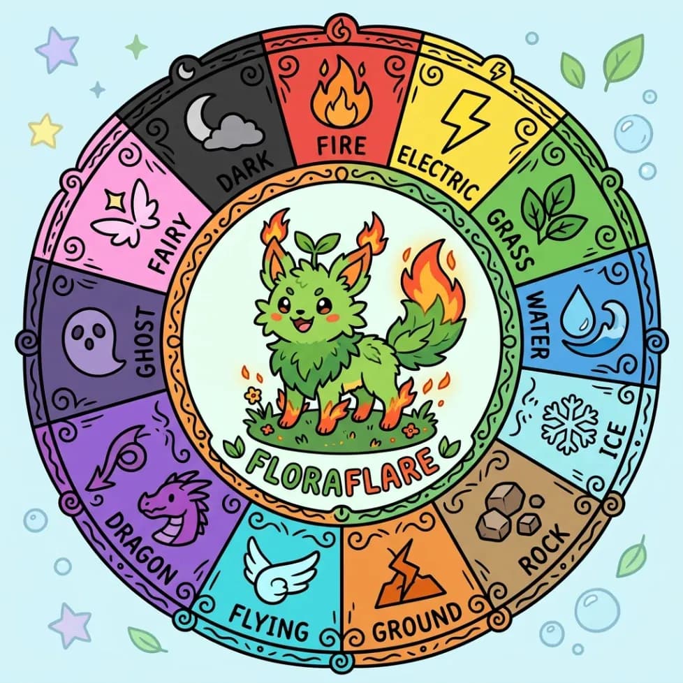 Circular guide showing multiple Pokemon types around an original creature