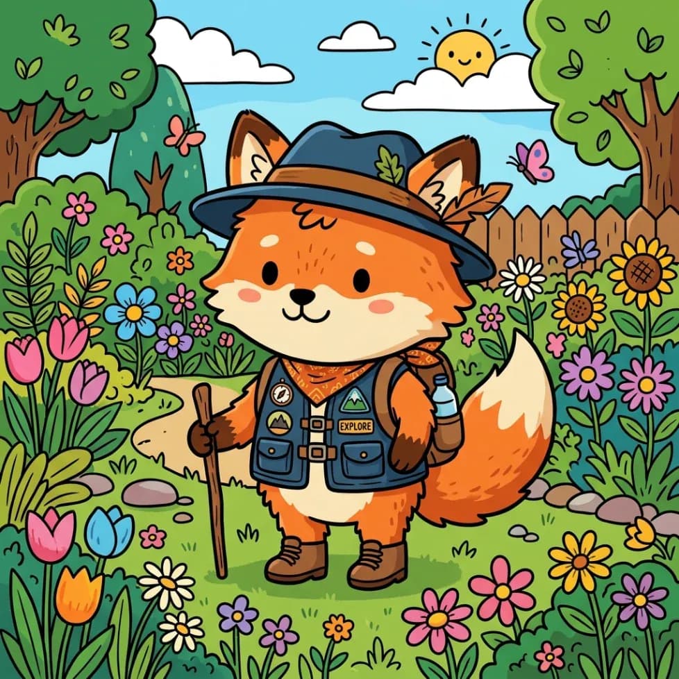 Orange fox Pokemon-style character wearing an explorer outfit in a flower garden