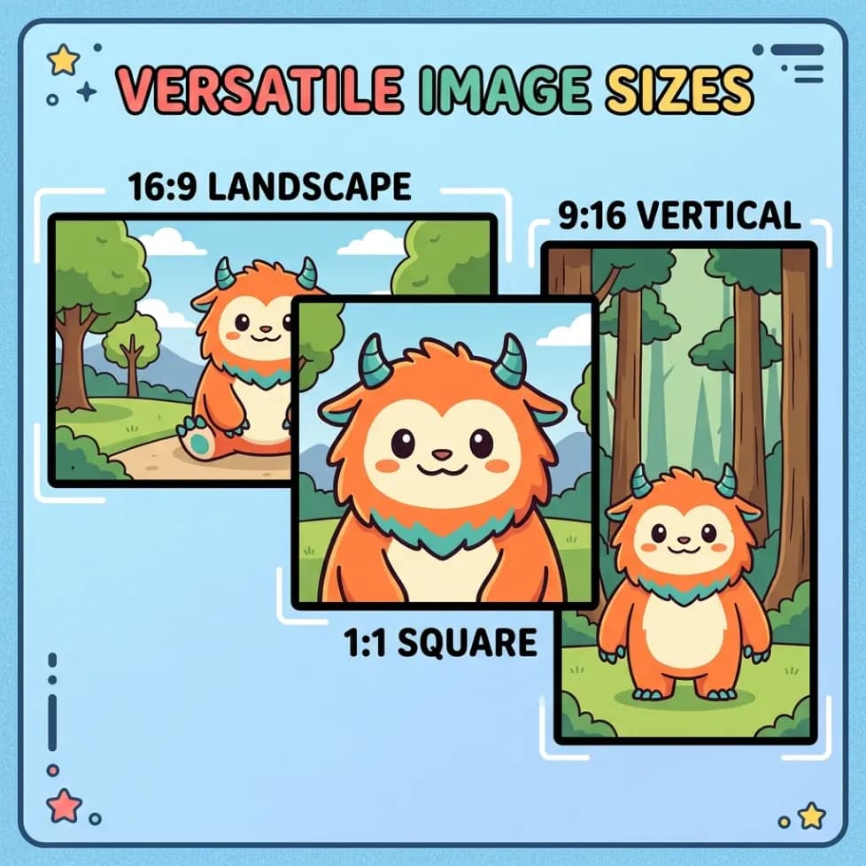 Generated creature shown in square, landscape, and vertical image sizes