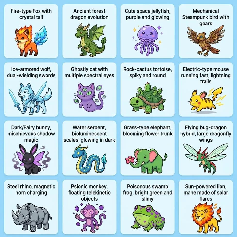 Grid of original creature prompt ideas spanning elemental types, abilities, scenes, and evolution concepts