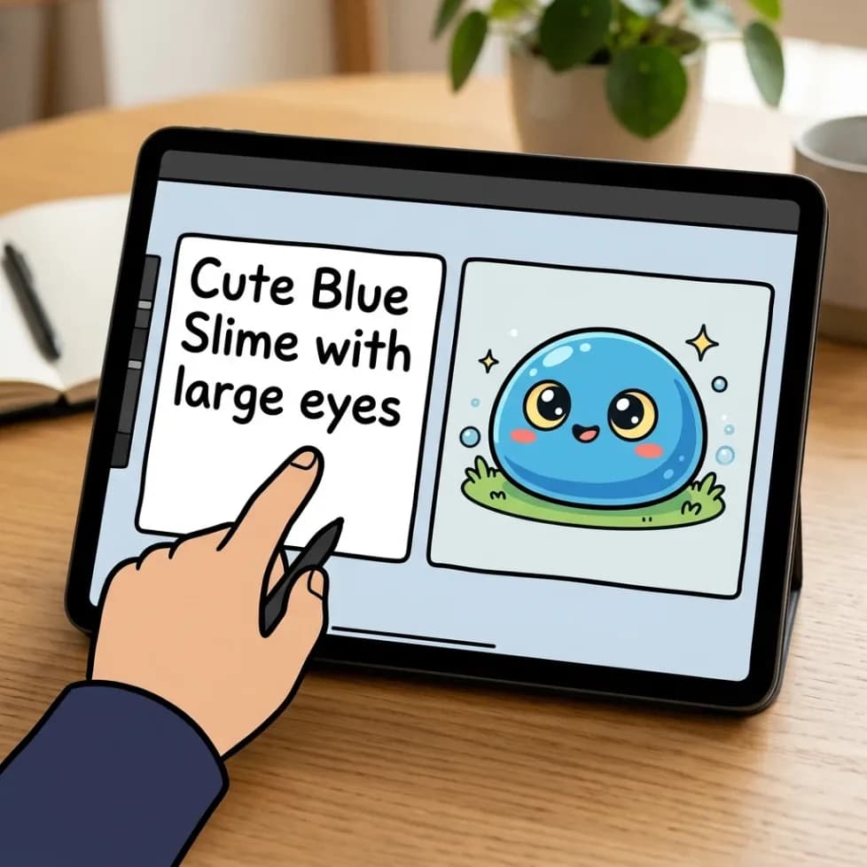 Natural-language Pokemon prompt transformed into a cute blue slime character on a tablet