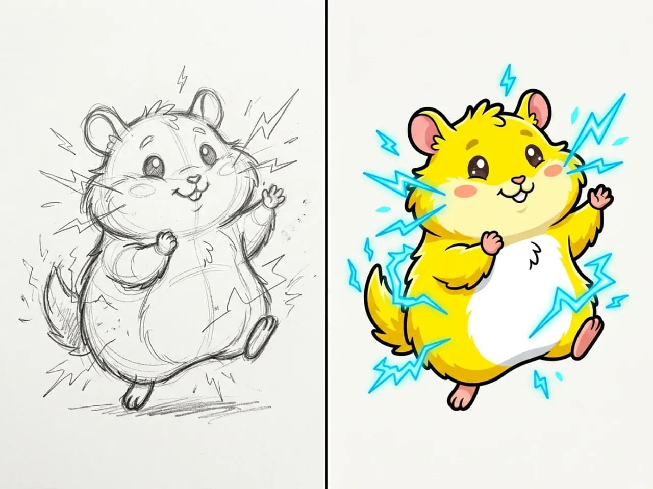 Electric hamster creature shown as a pencil sketch and a polished yellow character