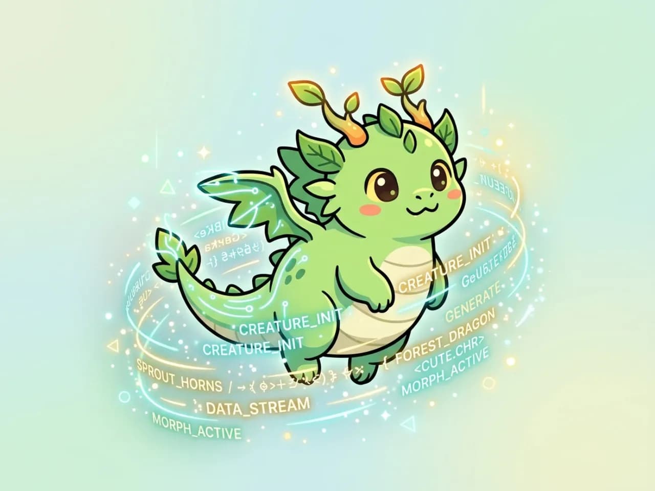 Green grass-and-dragon creature surrounded by glowing generation prompts and data effects