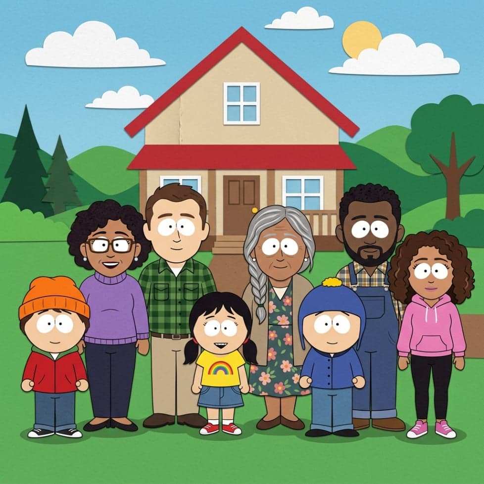 Friends and family transformed into South Park-inspired cartoon characters outside a house