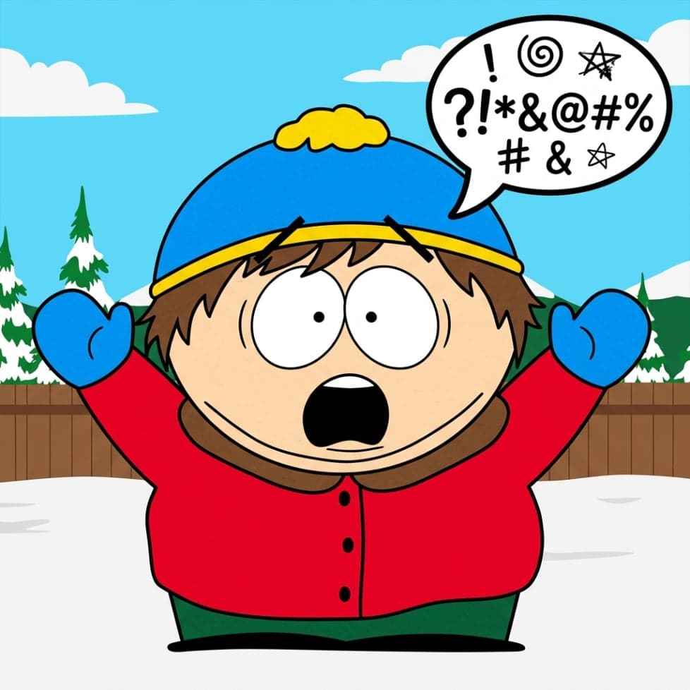 South Park-inspired cartoon character making a funny reaction with a speech bubble