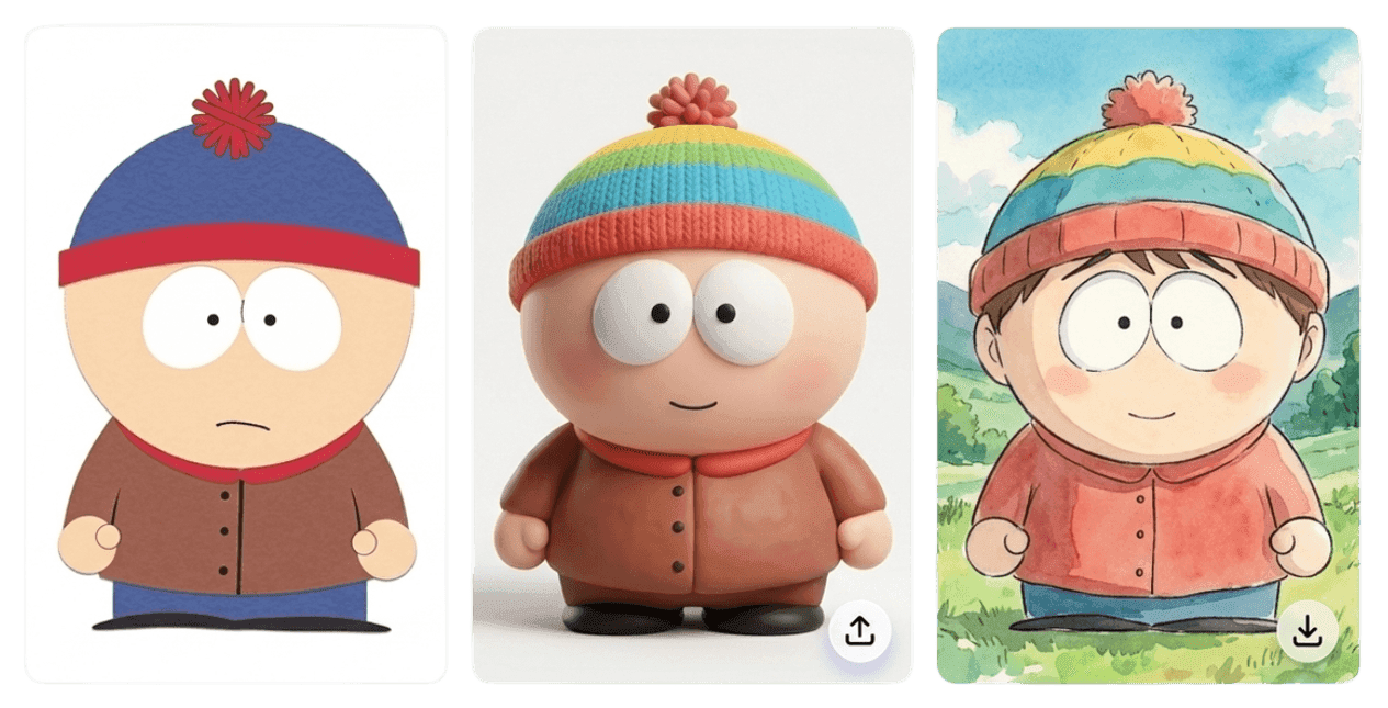 One South Park style character shown as classic 2D, modern 3D, and watercolor anime artwork