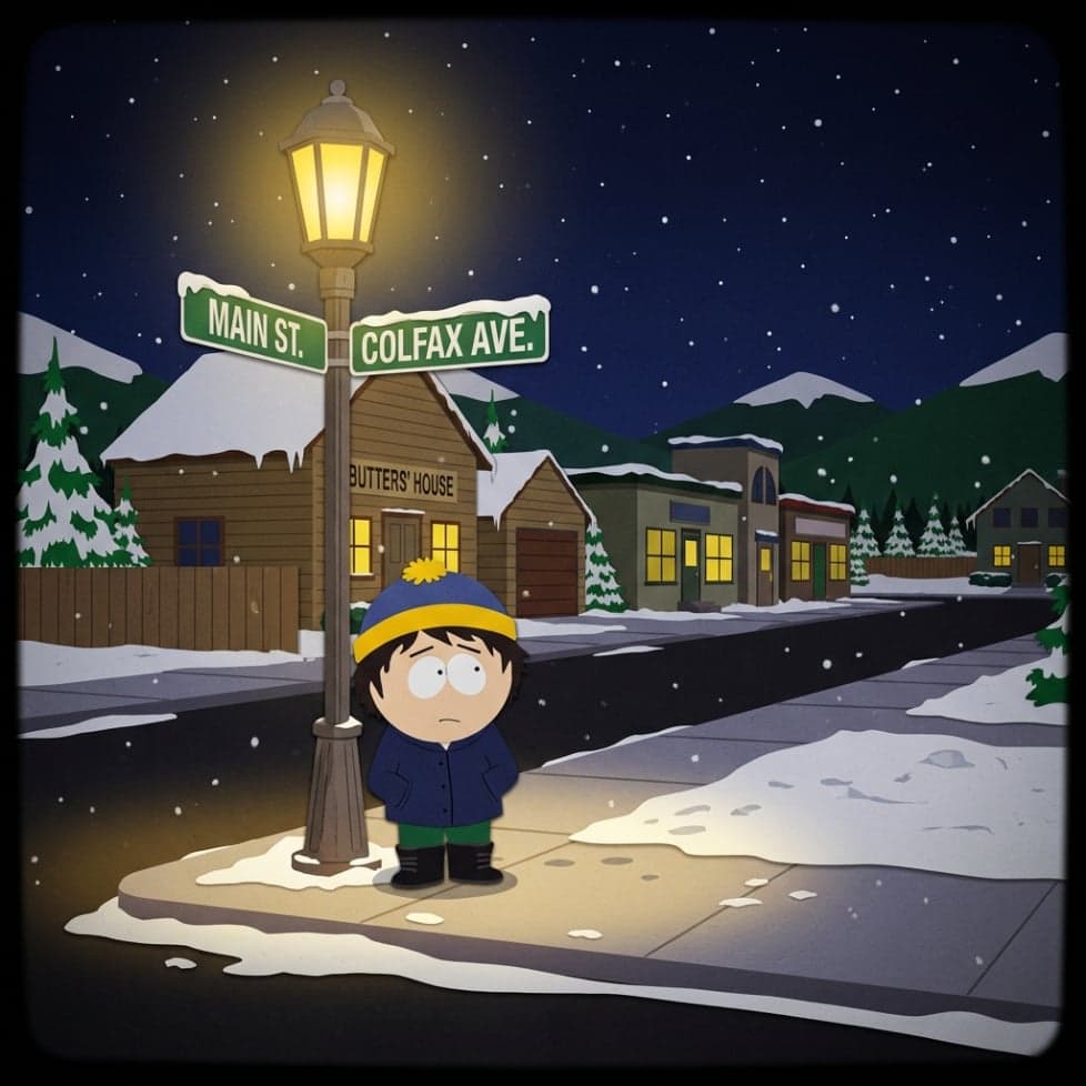 South Park-inspired character standing in a snowy town scene for a story or video project