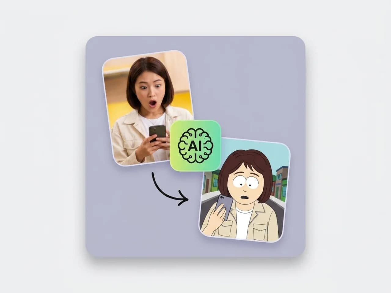 AI transformation preview showing a portrait converted into a customized South Park style character